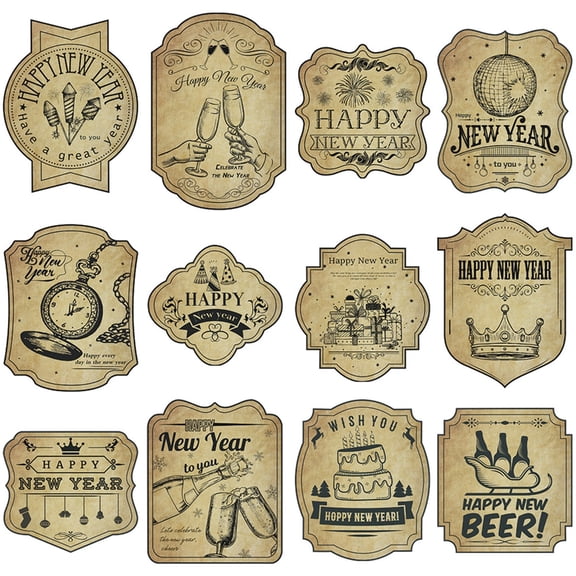 12Pieces Wine Bottle Identifiers Labels Vintage Happy New Year Bottle Adhesive Sticker for Christmas Parties Decors