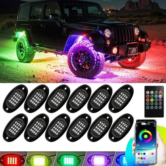 12Pods Metal Chasing Dreamcolor LED Rock Lights Kit with APP/RF Remote,Alloy RGB+IC Underglow Lights Multicolor Neon Exterior Vehicle Waterproof Aluminum 12V for Jeep Truck RV Car SUV ATV UTV