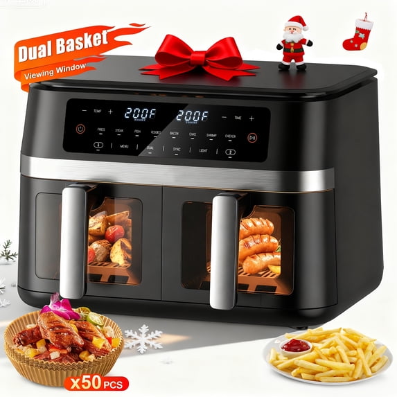 12QT Double Basket Air Fryer 12-in-1, Visible Window One-Touch Preset, Sync Cooking Non-Stick Dishwasher Safe, 50pcs Liners Included, Black Ideal Christmas Gift