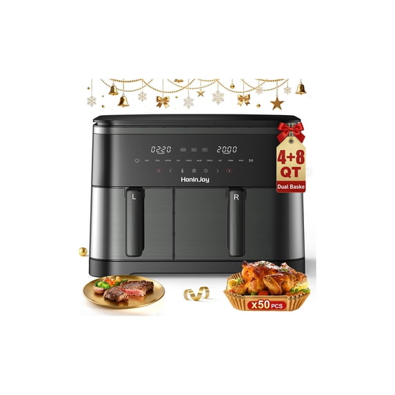 12QT Large Air Fryer with Dual Basket (4QT+8QT), 13-in-1 Digital Touchscreen Double Zone Air Fryers with 50pcs Paper Liners, Sync & Dual, for Bake, Roast, Shake Reminder, Dishwasher Safe