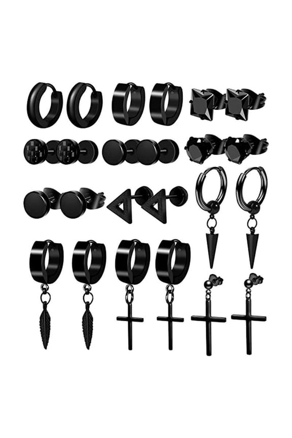 12Set Black Earrings for Men Women Stainless Steel Hoop Stud Earrings Set
