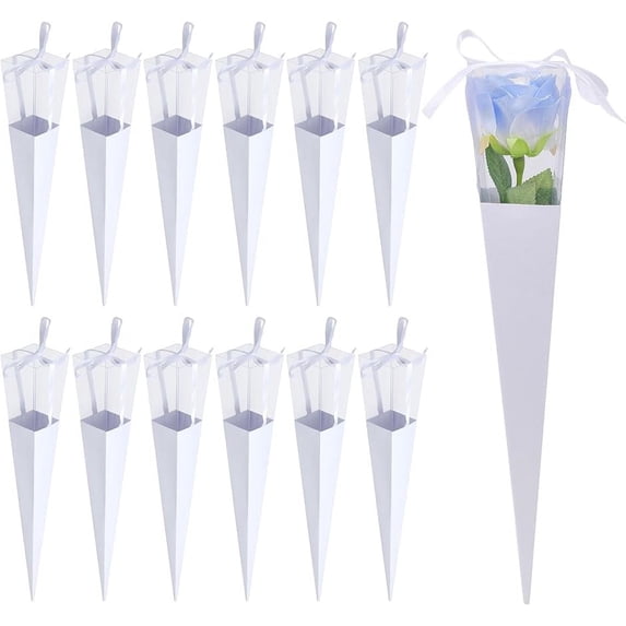 12Set Cone Iridescent Paper Single Rose Packaging Gift Boxes Folding Floral Bouquet Paper Boxes with PVC Window and Ribbon for Wedding Valentines Day Birthday Gift Wrapping White