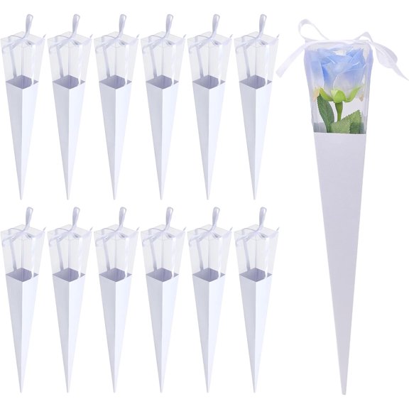 12Set Cone Iridescent Paper Single Rose Packaging Gift Boxes Folding Floral Bouquet Paper Boxes with PVC Window and Ribbon for Wedding Valentines Day Birthday Gift Wrapping White DIYDIY