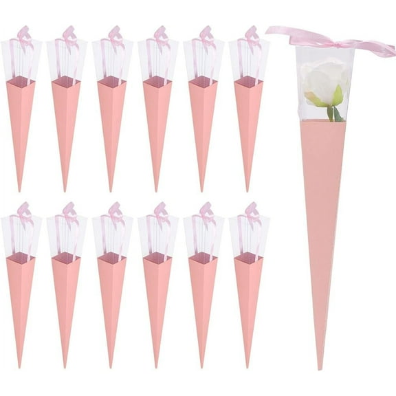 12Set Cone Iridescent Paper Single Rose Packaging Gift Boxes Folding Floral Bouquet Paper Boxes with PVC Window and Ribbon for Wedding Valentines Day Birthday Gift Wrapping Pink