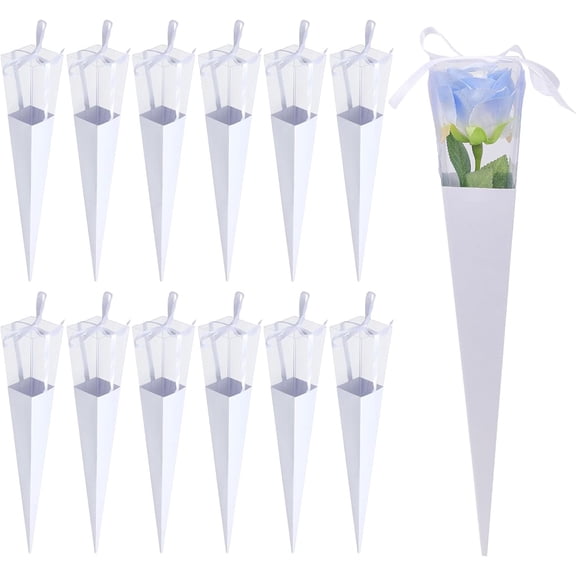 12Set Cone Iridescent Paper Single Rose Packaging Gift Boxes Folding Floral Bouquet Paper Boxes with PVC Window and Ribbon for DIY