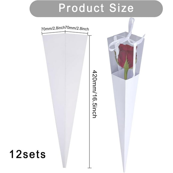 12Set Cone Iridescent Paper Single Rose Packaging GiftBoxes Folding Floral Bouquet PaperBoxes with PVC Window and Ribbon for Wedding Valentines Day Birthday Gift Wrapping White