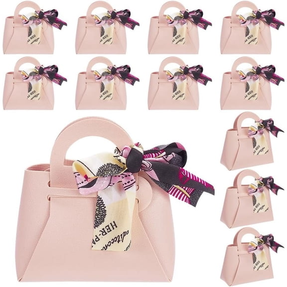 12Set PU Leather Candy Gift Handbags Candy Case with Ribbon for Wedding Party Pink 34.5x31.1x0.08cm