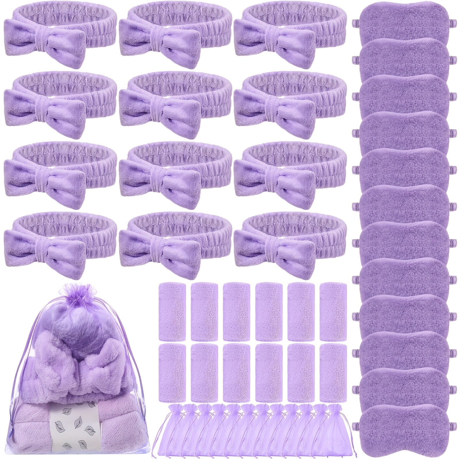 12Set Spa Party Favors Set, Purple Sleepover Party Supplies Kit with Headbands Towels Eye Masks Organza Bags, Bulk Self Care Gift Set for Girls Night Birthday Spa Slumber Birthday Party Favors