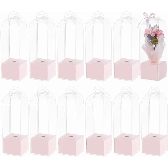 12Set Transparent PVC Single Rose Flower Packaging Boxes Rose Wrapping Boxes with Paper Base Rectangle Pink Finished Product: 8x8x28cm