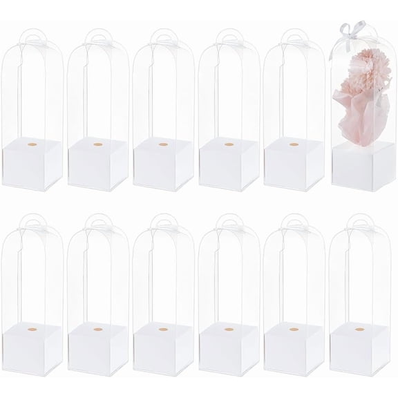 12Set Transparent PVC Single Rose Flower Packaging Boxes Rose Wrapping Boxes with Paper Base Rectangle White Finished Product: 8x8x28cm for DIY