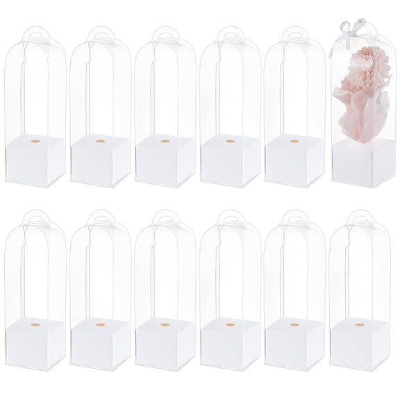 12Set Transparent PVC Single Rose Flower Packaging Boxes Rose Wrapping Boxes with Paper Base Rectangle White Finished Product: 8x8x28cm