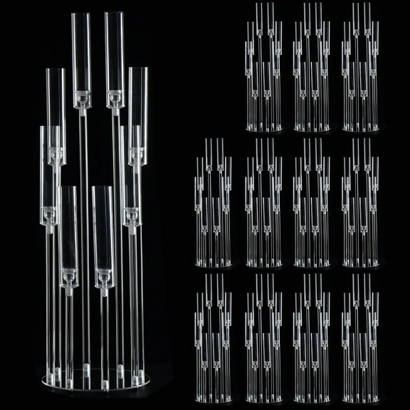 12Sets 8 Arm Acrylic Candelabra Candle Holder for Wedding,38.5 inches Tall Clear Candlestick Holders with Shade for Tables Party Event Dinner Decoration (Fit 0.8" Led Candles)