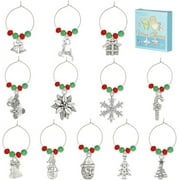 NOBRAND 12Sets Christmas Wine Charms Drink Markers Red Green Crystal Glass Bead Wine Glass Beading Rings Enamel Santa