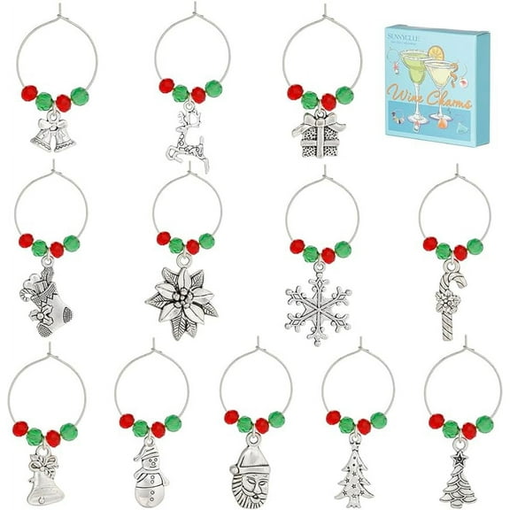 12Sets Christmas Wine Charms Drink Markers Red Green Crystal Glass Bead Wine Glass Beading Rings Enamel Santa