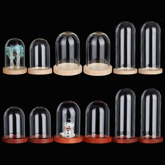 12Sets Glass Display Cloche Dome 3 Size Mini Cloche Bell Jar with Wood Base Glass Bottles Dome Decorative Jars Display Case for Flower Teeth Storage Home Christmas Party Favor Decoration