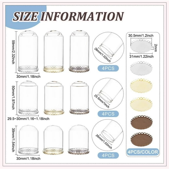 12Sets Mini Clear Glass Cloche Dome 1.5/2/2.3 Inch Glass Display Cloche Dome with 3 Colors Metal Base Cloche Bell Jar for Candles Crafts Decorations