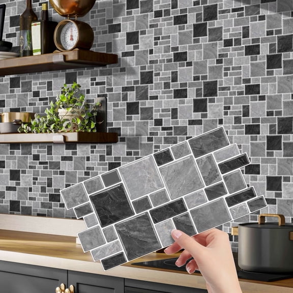 12Sheet Self Adhesive Gray Marbling Tiles Stickers 9.68 x 4.72inch DIY Mosaic Wall Decals Peel and Stick Waterproof Kitchen Backsplash