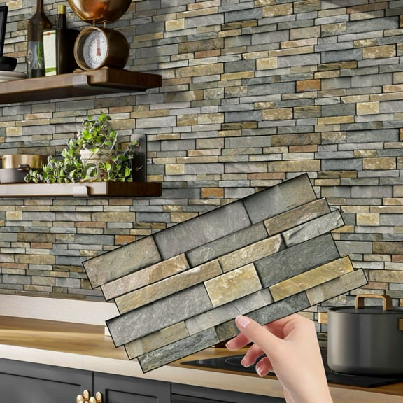 12Sheet Waterproof Peel and Stick Tiles Stickers Decals 4.72 x 9.68inch DIY Self Adhesive Backsplash Kitchen Wall Stone Brick Pattern Decor