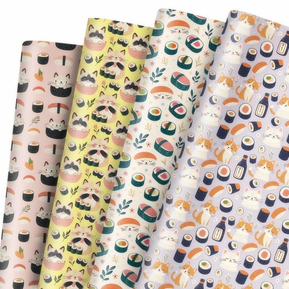 12Sheets Kawaii Cat Wrapping Paper - Cute Sushi Cat - Japanese Gift Wrap for Birthday Baby Shower Holiday Pet Lovers