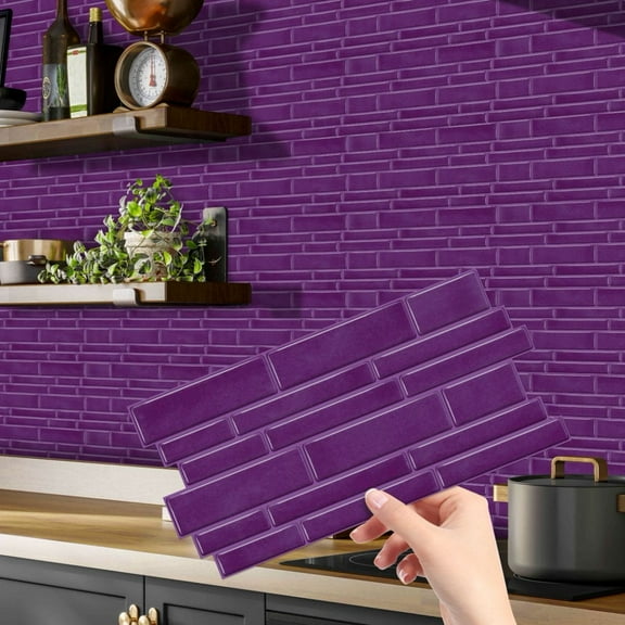 12Sheets Self Adhesive Purple Marbling Tiles Stickers 4.72 x 9.68inch Waterproof Peel and Stick Backsplash Wall Decals Mosaic Brick DIY Decor