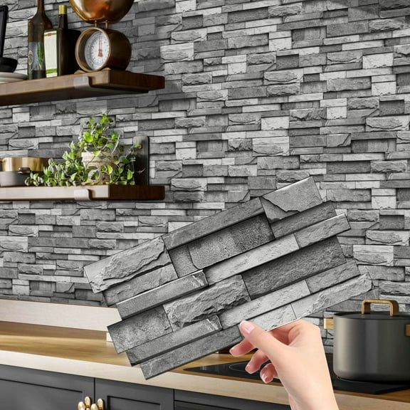12Sheets Self-Adhesive Tiles Stickers Wall Decals 4.72 x 9.68inch Gray Mosaic Stone Brick Pattern DIY Decor Peel and Stick Backsplash Tile