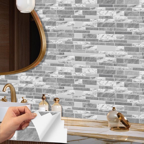 12Sheets Waterproof Peel and Stick Tiles Stickers Wall Decals 9.68" x 2.36" Gray Marbling Sticker Backsplash for Kitchen Bathroom