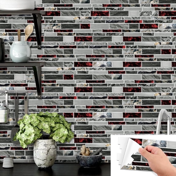 12Sheets Waterproof Self Adhesive Tiles Wall Stickers 9.68" x 4.72" Red and Gray Marble Pattern Decals Sticker Peel and Stick Kitchen Backsplash