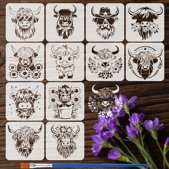 12Styles Farm Highland Cow Stencils with a Brush 7.9x7.9 Inch Cow Farmhouse Pattern Painting Stencils PET Animal Themes Template