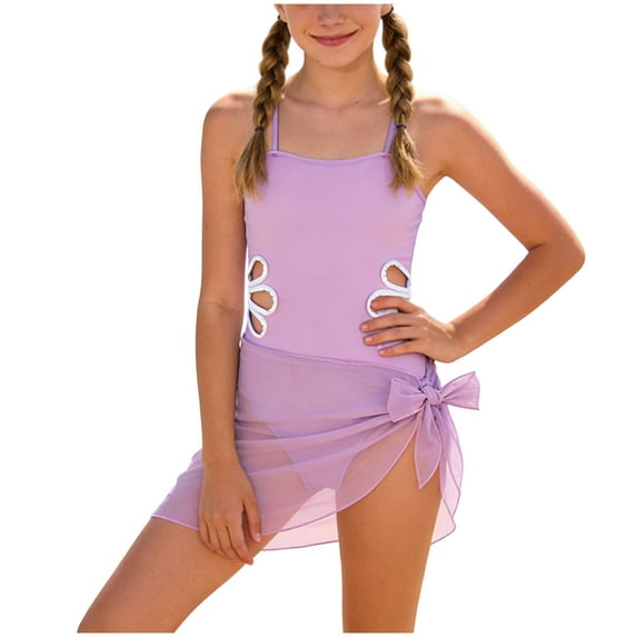 12T Kids Swimsuits Girls Bathing Suits Size 10-12 Adjustable Straps Cut Out One Piece Bathing Suit with Solid Color Cover Up Skirt Swimwear