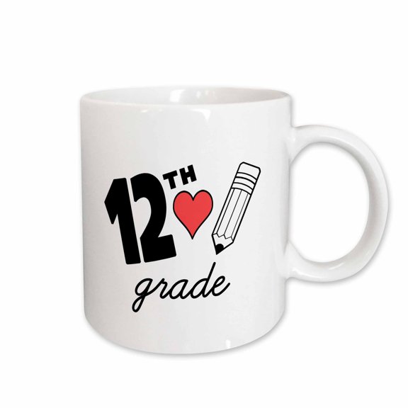 3drose, 12th Grade with Clipart Red Heart and Pencil. Black Lettering on White, 15oz Mug