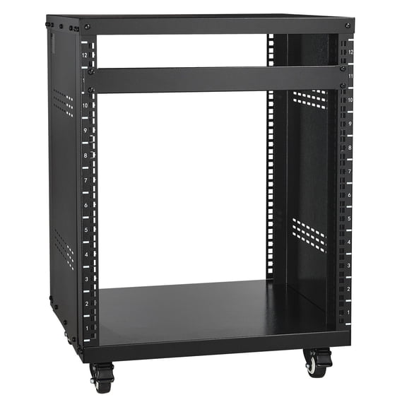 12U AV Rack Stand 300 lbs Capacity, Lockable Caster Wheels Round & Square Holes, 19" Rack with Vents for Audio Video Music IT Equipment