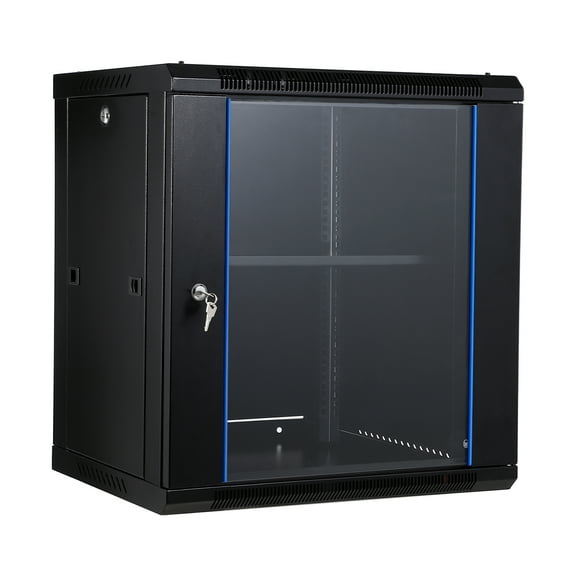 12U Carbon Steel Server Rack with Glass Door, Wall Mount or Floor Standing Network Cabinet with Cooling Fan Holes and Lock for Home Office Use