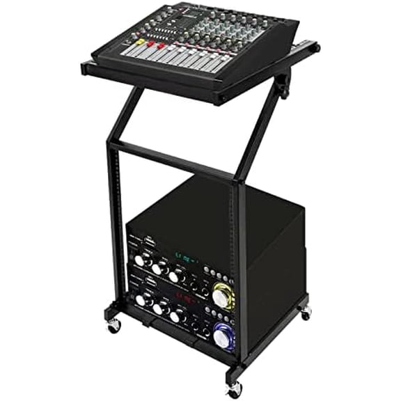 12U DJ Audio Mixer Stand Open Frame, Free Standing Rolling DJ Mixer Stand Adjustable Mixer Platform Rails for Music Studio Booth Pro Audio Recording Cabinet, Black$$Music