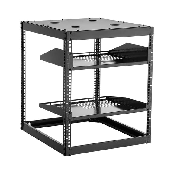 12U Heavy Duty Open Rack, 4-Post Design, 23" Depth, Converts from Wall Mount to Floor Stand, with Vented Shelves & Hardware for IT, Server, and AV Applications
