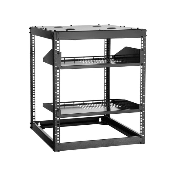 12U Open Frame Server Rack, 23in Depth, Wall Mountable Floor Standing Rack, 4 Post Heavy Duty Rack with Vented Shelves & Hardware