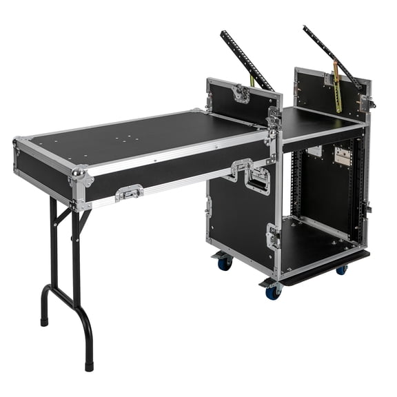 12U PA DJ Rack and Cabinet 2-Tier Network & Stereo Rack with 4 Wheels and 32.8"L DJ Table Top 300kg AV Audio Rack Cabinet for Studios Home Theatres KTVs Black