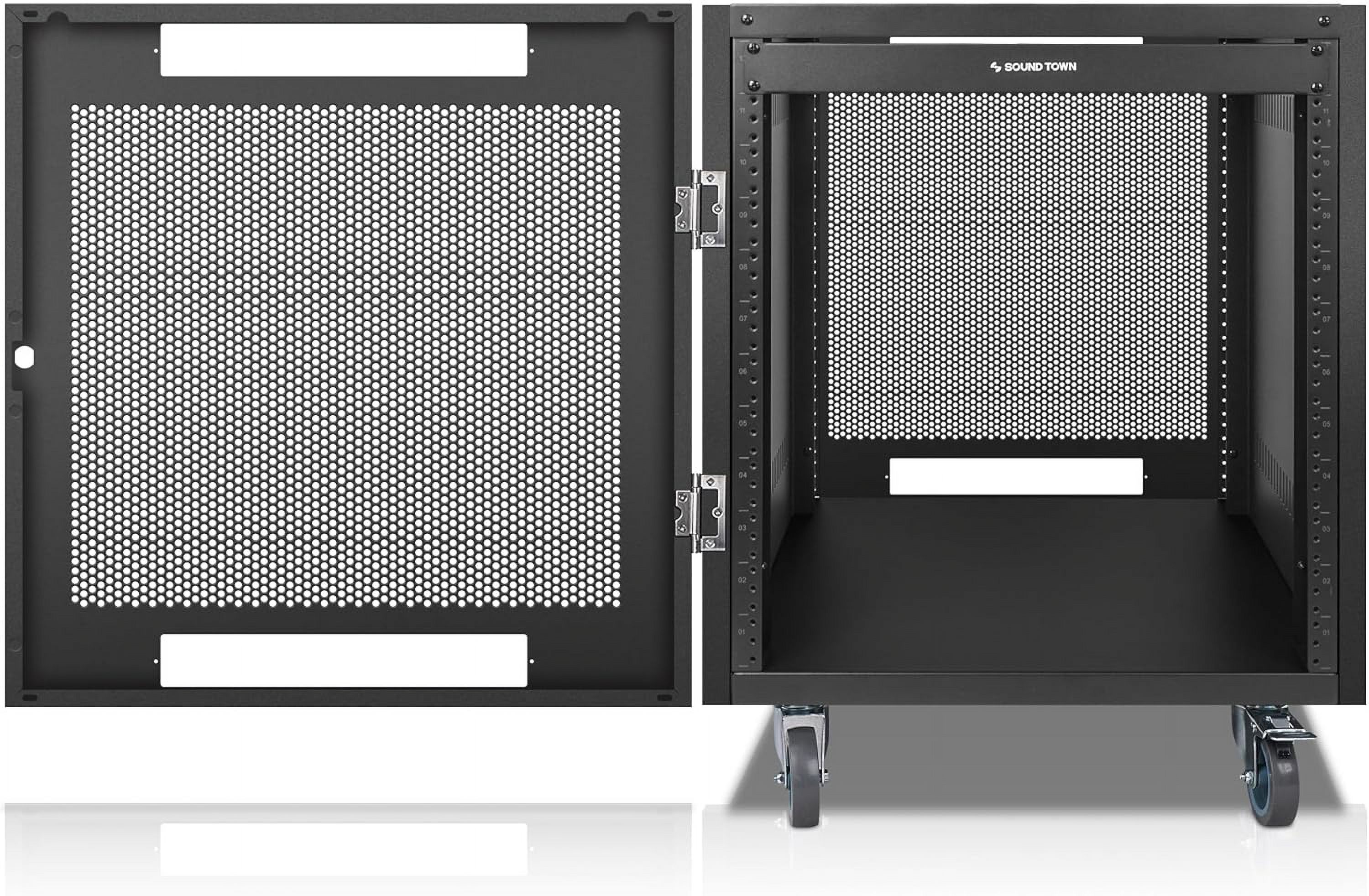 12U Universal Steel Rack, w/Mesh Doors, Locking Casters, Vented Side