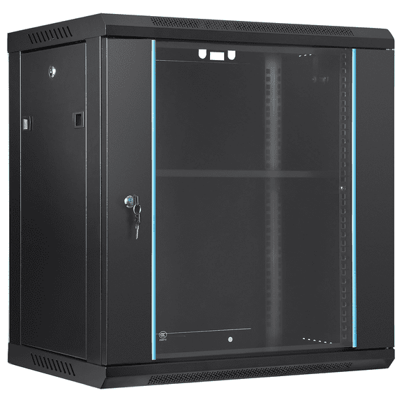 12U Wall Mount Server Cabinet, 15.5" Deep Network Rack, Locking Glass Door, 200lbs Capacity, IT Equipment Enclosure
