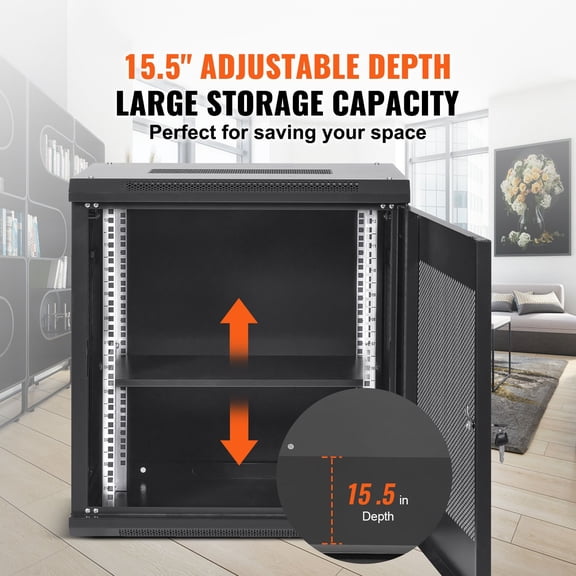 12U Wall Mount Server Cabinet,15.5"Depth,Network Rack Enclosure,Supports up to 200 lbs,Secure Locking System,Ideal