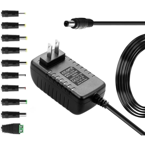 12V 1.5A Universal AC DC Power Supply Adapter 18W 4.9FT Power Cord with 10 Interchangeable DC Tips 100-240V Global Wall Charger Plug for LED Strip Light CCTV Camera Router TV Box Bluetooth Speaker 12