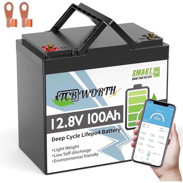 TCBWORTH 12V 100Ah LiFePO4 Battery, Bluetooth Monitoring