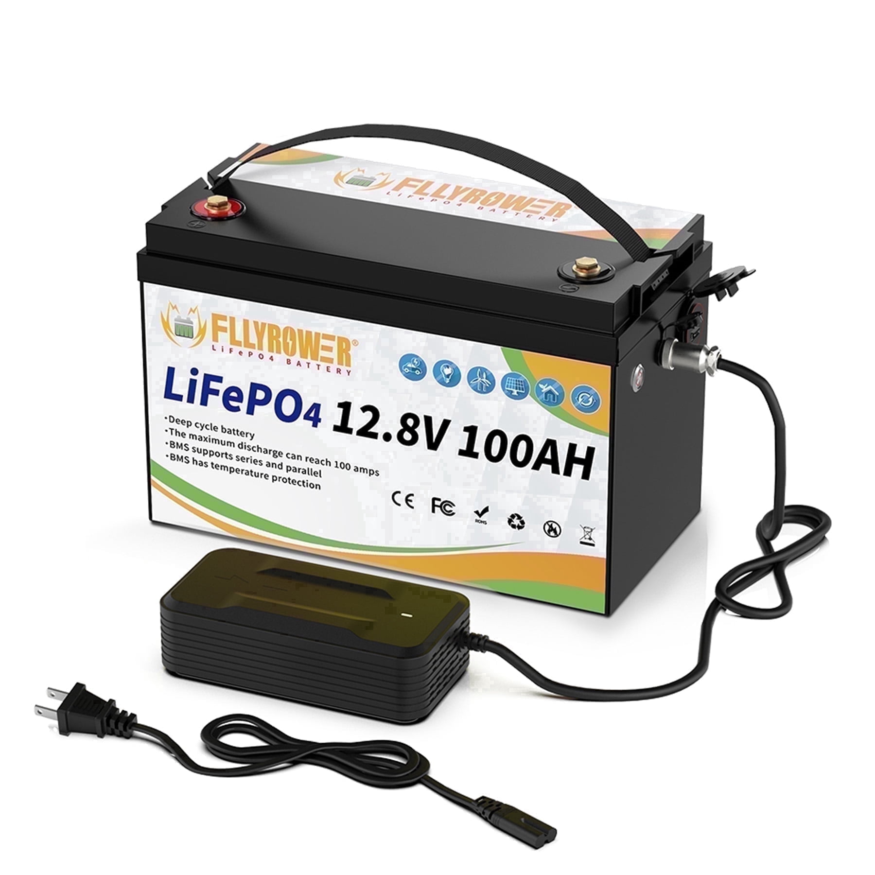 FLLYROWER 12V 100AH LiFePO4 Battery, Group 31, 100A BMS, Charger