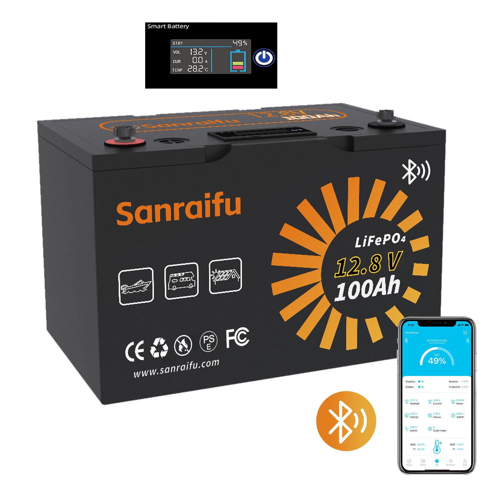 Sanraifu 12V 100AH LiFePO4 Battery, Bluetooth, LCD Display, RV, Boat, Camper, Off-Grid System