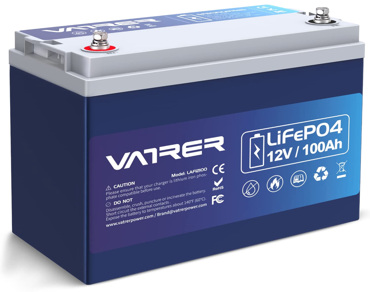 VATRER POWER 12V 100AH Low Temp Cutoff LiFePO4 Deep Cycle Battery with 1280W, Built-in 100A BMS, 5000+ Cycles Rechargeable Lithium Battery, Perfect for RV/Camper, Marine, Solar.