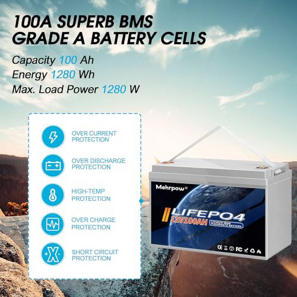 12V 100Ah Bluetooth LiFePO4 Battery, 100Ah Lithium Battery with 100A BMS, 12V Lithium Batteries 15000+ Cycles at 100% DOD, Perfect for RV, Camping, Solar Panel System, Marine, Trolling Motor