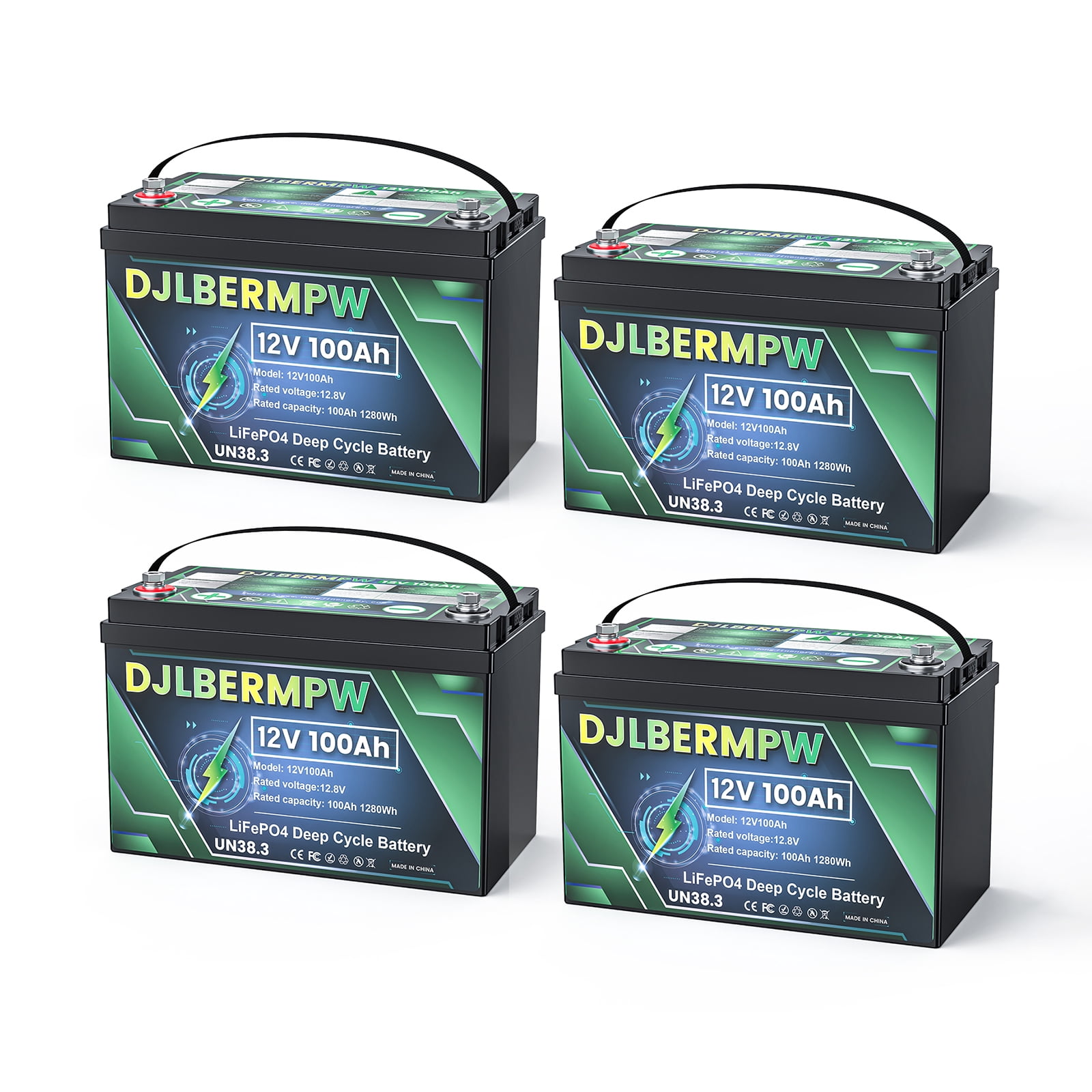 12V 100Ah 4Pack LiFePO4 Battery, Deep Cycle Lithium Battery for RV, 3HP Golf Cart, Solar System