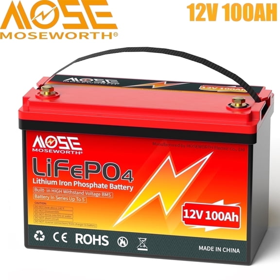 12V 100Ah LiFePO4 Lithium Battery,MOSEWORTH for RV,Solar,Marine,Trolling Motor,Backup Power,100A BMS,Group 31 Deep Cycle Battery