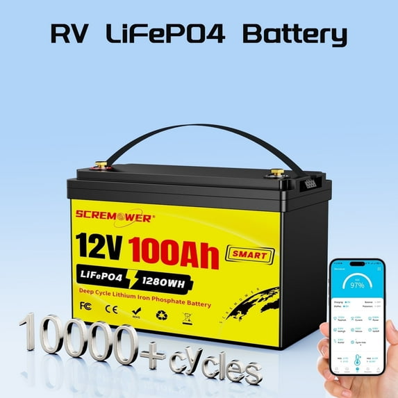 12V 100Ah LiFePO4 Battery Bluetooth, 100A BMS Low-Temp Protection Deep Cycles Mini Lithium Batteries for RVs, Golf Cart, Home Energy Storage, Boats and Marine
