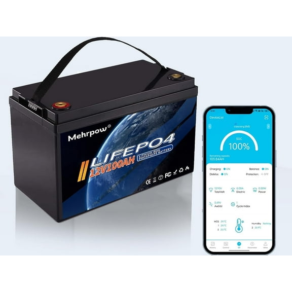 12V 100Ah LiFePO4 Lithium Battery, Bluetooth Lithium Battery,Up to 20000 Cycles, 100A BMS, Max.1280Wh Energy with 10 Years Lifetime Low Temp Cut off, Perfect for Trolling Motor,RV, Solar