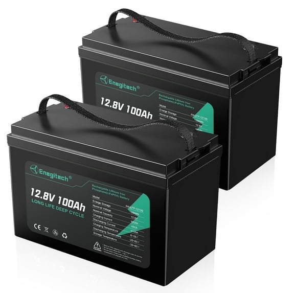 12V 100Ah LiFePO4 Battery, 100A BMS, Deep Cycles for RVs, Marine, Solar, Wind, Off-Grid, 2 Pack